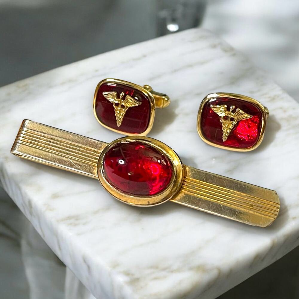 Vintage Anson Medical Cufflinks and Tie Bar Mens Gold Tone Red Glass Caduceus